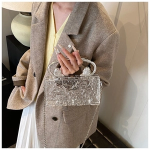 Detail of acrylic box bag with stone texture and silver lion head handle decoration