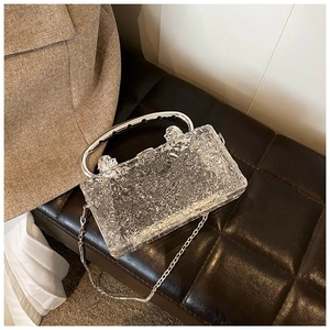 Macro detail of acrylic ice-textured box bag with silver metal ring handle and chain