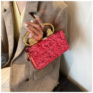 Detail of rose red acrylic evening clutch with gold lion head hardware and metal handle