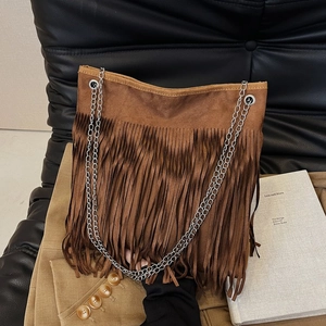 Vintage brown fringe tote bag with silver chain straps for women's daily commute