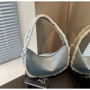 Sac Hobo Croissant En Denim Pour Femmes Avec Bordure En Fausse Fourrure Sac À Épaule Rétro Fermeture Éclair
