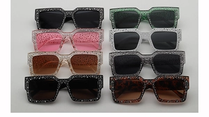 Detailed grid view of rectangle rhinestone sunglasses in multiple vibrant colors and patterns