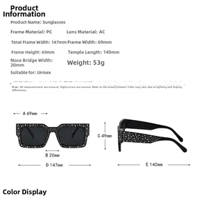 Detailed size chart of rhinestone rectangular sunglasses with PC frame and AC lenses