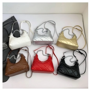 Quilted Hobo Bag PU Leather Rhombic Pattern With Silver Chain Shoulder Crossbody Handbag For Women Fashionable Daily