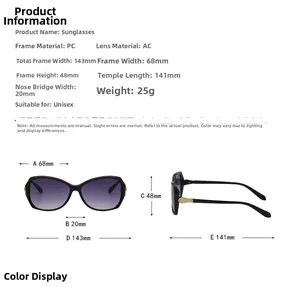 Detailed size chart for oversized candy-colored sunglasses with precise frame dimensions