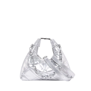 Futuristic silver quilted hobo bag with metal chain handle and adjustable strap