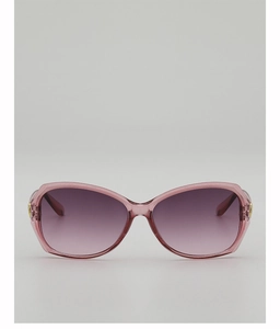 Macro view of gradient purple lenses and gold metal hinges on stylish oversized sunglasses