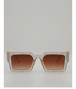 Close-up of luxury rectangle sunglasses with rhinestone frames and gradient lenses