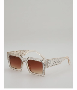 Macro detail of rectangle sunglasses frame with silver rhinestones and gradient lenses