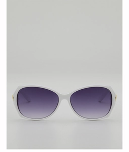 Detailed close-up of white oversized sunglasses with purple gradient lenses and gold hinge