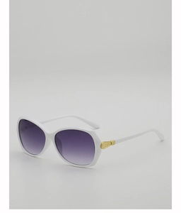 Detail of white oversized sunglasses with purple gradient lenses and gold floral metal hinge