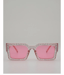 Detail of pink lenses and rectangle resin frame with sparkling rhinestone embellishments