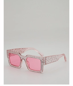 Macro detail of rectangle sunglasses with pink crystal rhinestones and tinted lenses