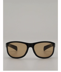 Gros plan de lunettes de soleil cyclisme stylées avec monture noire et verres marron