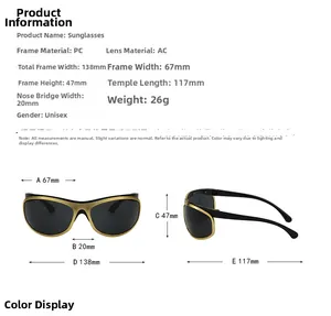 Detailed size chart for Y2K oversized sunglasses with PC frame and AC lens dimensions