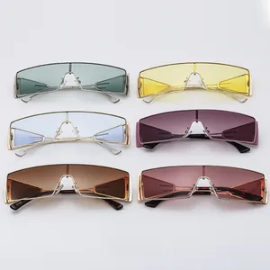 Six colors of sports wrap-around sunglasses with metal frames and colored lenses