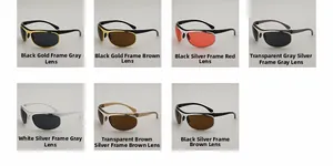 Detailed grid of Y2K style wrap-around sunglasses in various colors and metallic frames