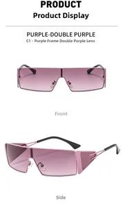 Detail of purple frame sunglasses with gradient lenses and metal geometric cutout temples
