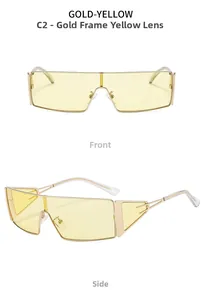 Detail of gold metal frame sunglasses with yellow lenses and hollow geometric temples