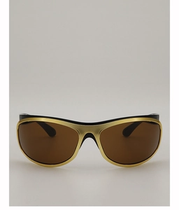 Top view of gold metallic curved frame sunglasses with brown polarized lenses in Y2K style