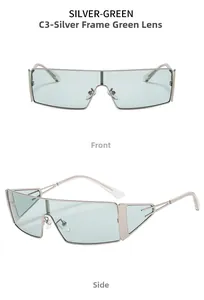 Front and side views of silver geometric sunglasses with light green lenses and hollow temples