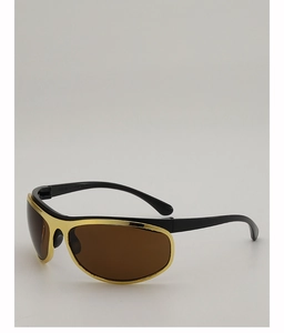 Detail view of sport sunglasses showing golden metal trim and inner temple model JR647