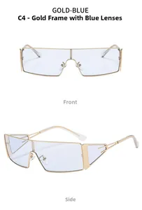 Detail view of gold metal sunglasses with blue lenses from front and side perspectives