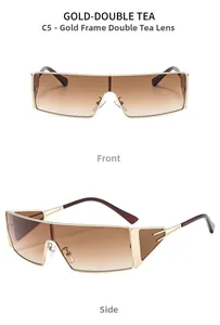 Front and side view of oversized gold metal sunglasses with brown gradient lenses