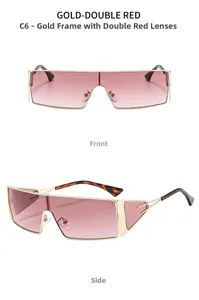 Detail view of gold frame oversized shield sunglasses with gradient red lenses and temple tips