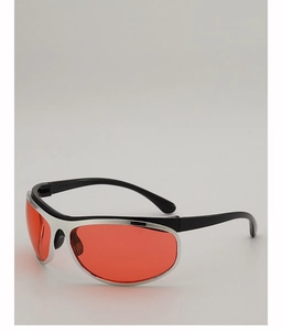 Detail view of silver frame sunglasses with red lenses and model number JH9002 on temple