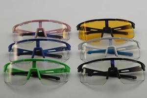 Grid view of six cycling goggles in pink, blue, green, yellow, white, and black colors