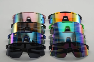 Eight pairs of large frame cycling sunglasses in various colors with colored mirror lenses