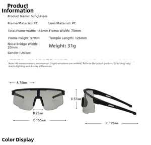 Detailed size chart of unisex cycling sunglasses showing dimensions and PC frame specs
