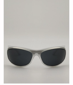 Front view of futuristic silver curved sunglasses with dark lenses and sleek metallic frame