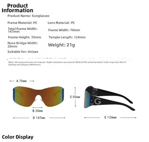 Detailed size chart for Y2K oversized sunglasses with integrated PC lens and G logo