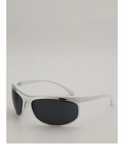 Top view of Y2K sunglasses with silver curved frames and wide white temples in macro detail