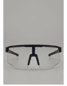 Detail of photochromic cycling glasses featuring anti-fog vents and a sleek rimless lens