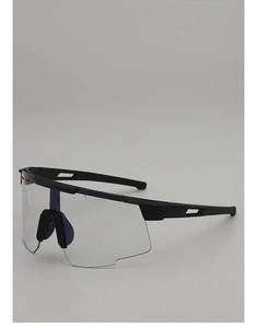 Close-up of photochromic cycling glasses with transparent wrap lenses and vented temples