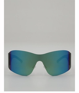 Close-up of Y2K one-piece wrap sunglasses with blue-green gradient mirror lens and black temples
