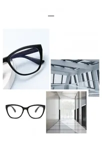 Detailed close-up of glossy black cat-eye eyeglass frames with sleek modern lines