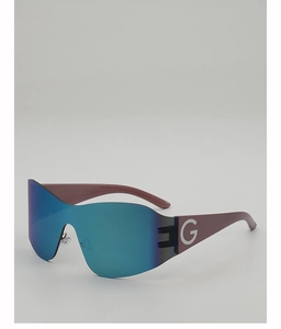 Detail of blue reflective lens and wine red temple with G logo on sporty oversized sunglasses