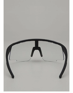 Rear view of matte black half-frame cycling glasses with wide transparent lenses