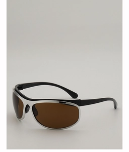 Macro detail of Y2K style silver metal sunglasses with brown lenses and sleek black temples