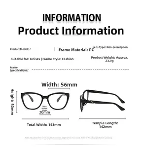 Size chart showing black cat-eye glasses frame dimensions with precise measurements
