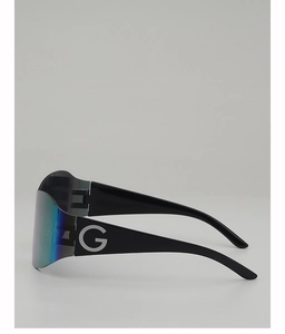 Detail view of bold temples with silver letter G and colorful gradient shield lenses