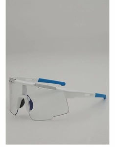 Detail of professional cycling glasses with white plastic frame and blue anti-slip temple tips