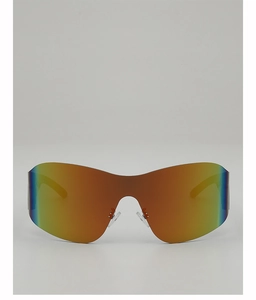 Detail showing the colorful gradient mirror lens and nose pads of Y2K cycling sunglasses