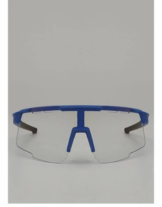 Front view of blue half-frame cycling glasses with clear anti-slip rubber temple tips