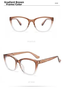 Front and 45-degree side view of gradient tea cat-eye frames with silver metal accents
