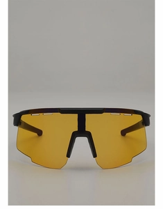 Detail of sports cycling sunglasses with large yellow photochromic lens and black semi-frame
